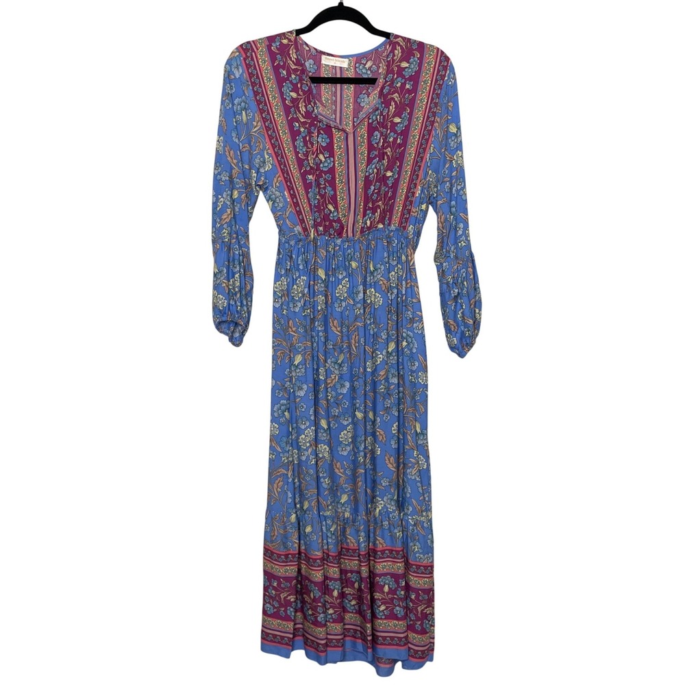 Seven Islands Maxi Dress Womens Size S Blue Floral Boho Tiered Long Sleeve